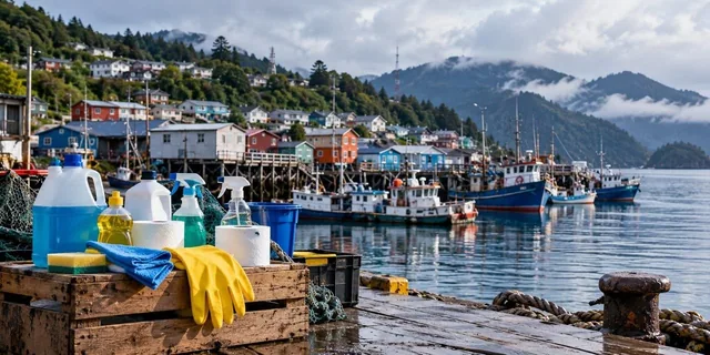 Productos de limpieza junto a un puerto del sur de Chile